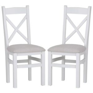 Elkin Cross White Wooden Dining Chairs With Fabric Seat In Pair