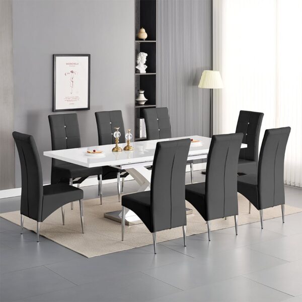 Axara Large Extending White Dining Table 8 Vesta Black Chairs