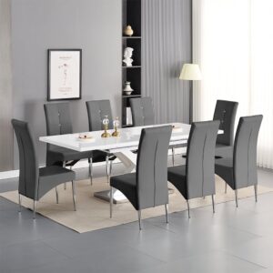 Axara Large Extending White Dining Table 8 Vesta Grey Chairs