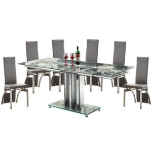 Rihanna Extending Clear Glass Dining Table 6 Romeo Grey Chairs