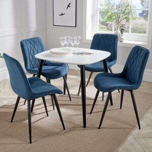 Arta Square White Wooden Dining Table 4 Blue Diamond Chairs