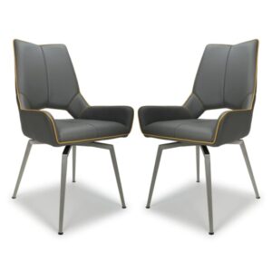 Mosul Grey Leather Dining Chairs With Steel Legs In Pair