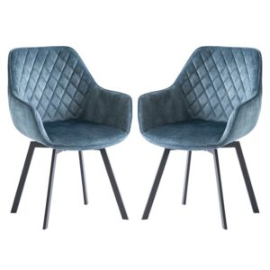 Viha Swivel Teal Velvet Dining Chairs In Pair