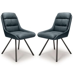 Addis Blue Leather Dining Chairs With Black Legs In Pair