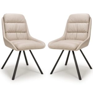 Addis Cream Leather Dining Chairs With Black Legs In Pair