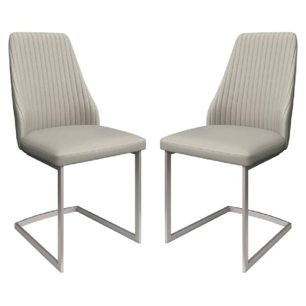 Madrid Light Grey Leather Dining Chairs With Steel Legs In Pair