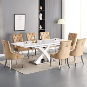 Axara Large Extending White Dining Table 8 Imperial Champagne Chairs