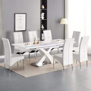 Axara Large Extending White Dining Table 8 Vesta White Chairs