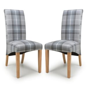 Kaduna Check Grey Fabric Dining Chairs With Oak Legs In Pair